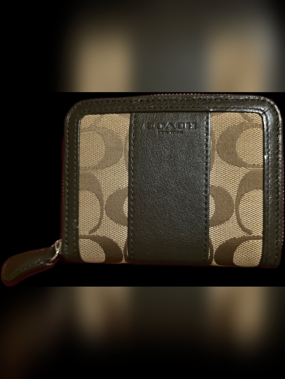 Coach Brown and Tan Signature Canvas Zip Wallet